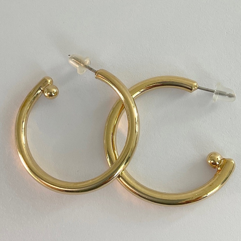 Hoop Earrings Gold Tone Metal Post Back Classic Solid Craftsmanship New 1.23"